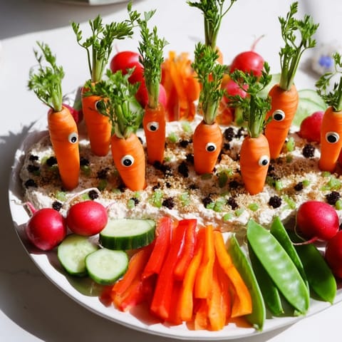 Close-up of a delightful Carrot Patch Veggie Board, showcasing fresh vegetables and savory "soil."