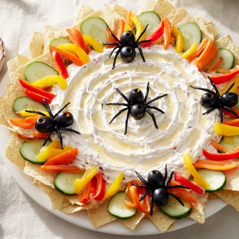 Creamy Creepy Crawly Spiderweb Platter: a Halloween appetizer with a sour cream spiderweb and olive spiders.