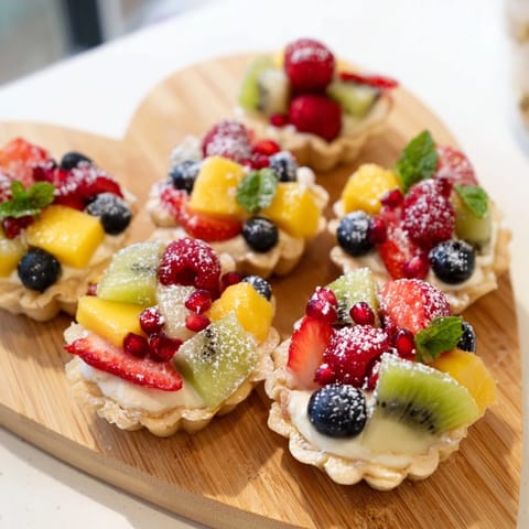 Heart-Shaped Fruit Tart Board, bursting with fresh berries and cream, a delicious Valentine's dessert.