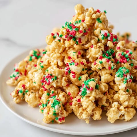 Golden-brown Popcorn Piles glistening with a sugary coating, beautifully topped with vibrant sprinkles.