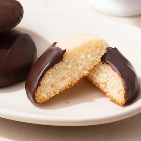 Enjoy the crunch: Perfectly dipped Simple Cookies: Vanilla Wafers, drizzled with sweet chocolate.