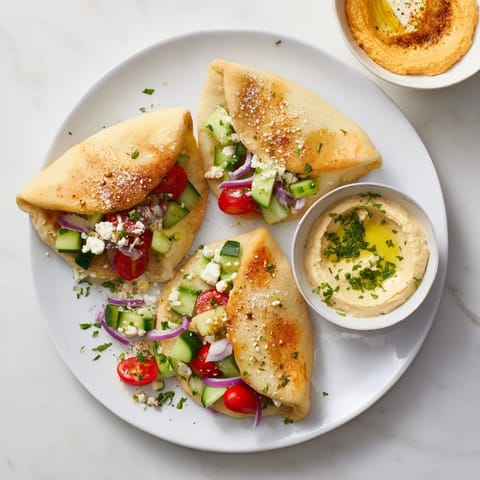 A beautiful spread of Mediterranean Savory Board: mini pita pockets with colorful toppings and various hummus.