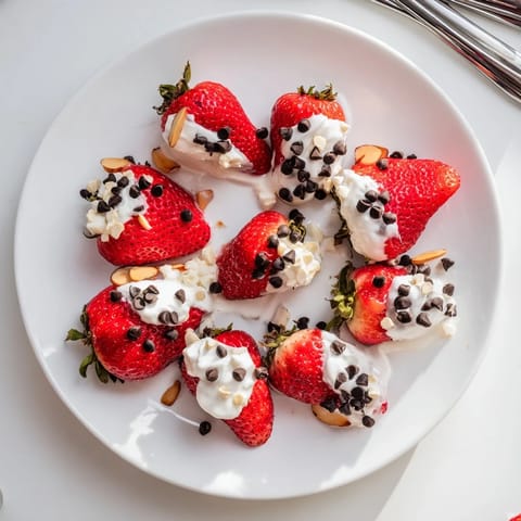 A close-up of a serving of refreshing Yogurt Dipped Strawberry halves, perfectly chilled and ready to enjoy.