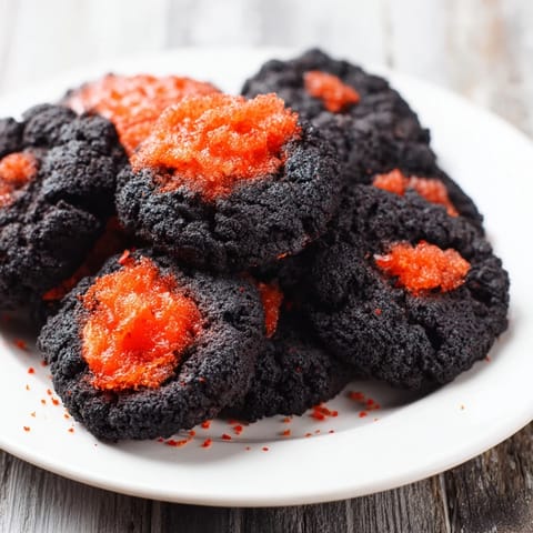 Fiery Volcanic Flow, a visually stunning appetizer: Spicy red jelly erupts from a ring of charcoal crackers.