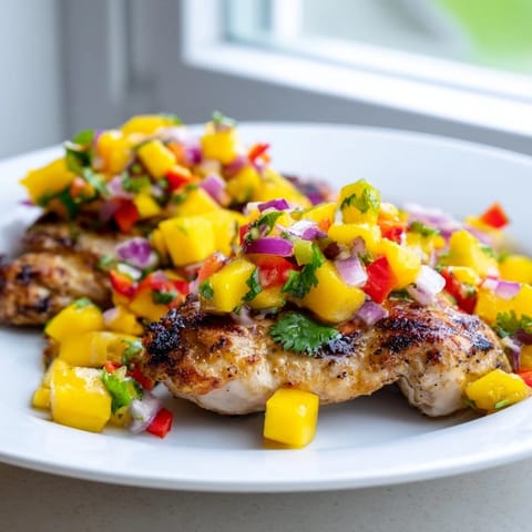 Freshly grilled Mango Salsa Chicken showcasing juicy chicken breasts with vibrant mango topping—a flavorful meal.