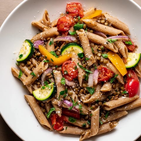 A bowl of colorful Lentil Pasta with Vegetables, ready to be served, is full of fresh textures.