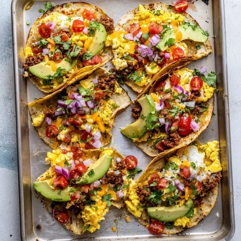 Golden-brown Sheet Pan Breakfast Tacos filled with fluffy eggs, gooey cheese, and diced avocado.