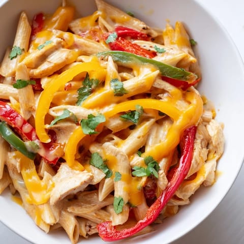 Cheesy Chicken Fajita Pasta served hot with lime wedges and colorful peppers on a plate.