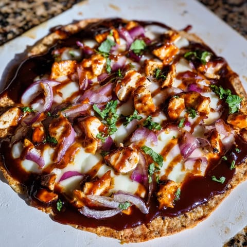 A slice of BBQ Chicken Flatbread is lifted to reveal gooey cheese and savory toppings, perfect for a quick weeknight dinner.  
