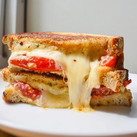 Two servings of spicy Pepper Jack & Tomato Grilled Cheese paired with a bowl of creamy tomato soup.  
