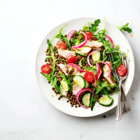 Freshly cooked green lentils, tender roasted chicken, and peppery arugula tossed in a zesty mustard dressing.
