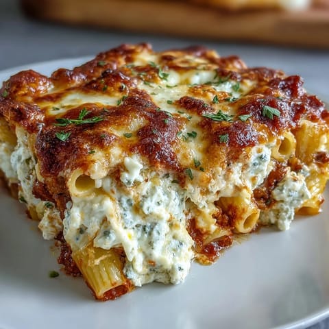 Bubbling hot baked ziti casserole, ready to be portioned into satisfying family meals.