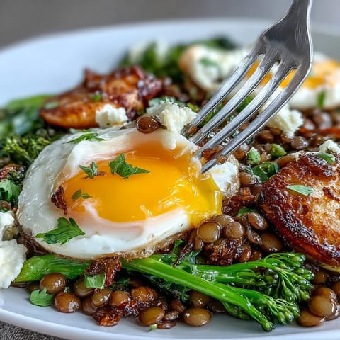 Vibrant French lentil salad featuring broccolini and perfectly cooked eggs.