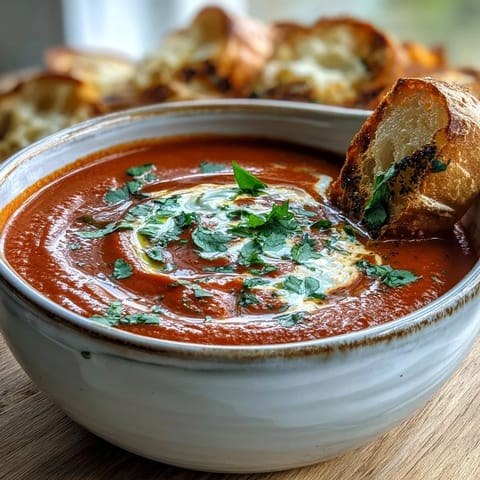 Vibrant Roasted Red Pepper Soup simmering in a pot, featuring charred peppers and roasted garlic for a cozy meal.