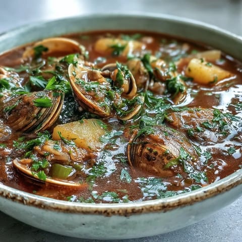 A pot of Manhattan Clam Chowder simmering with a vibrant tomato broth, chopped vegetables, and fresh parsley garnish.