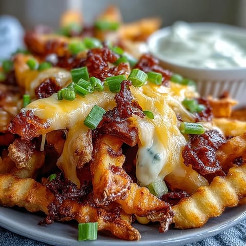 A close-up of Cheesy BBQ Fries with Ranch Dip, featuring gooey cheese and fresh green onions on a platter.