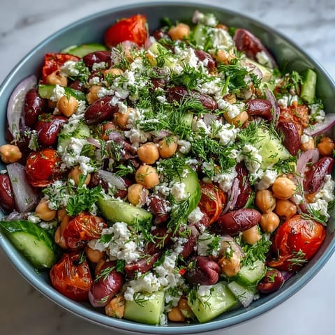 Creamy feta and briny Kalamata olives top a vibrant bowl of Greek Bean Salad with lemon-oregano dressing.