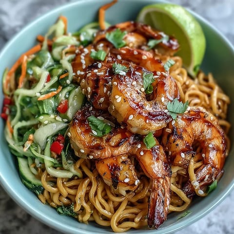 Close-up of 15-Minute Asian Noodle Bowl With Grilled Shrimp, highlighting charred shrimp and fresh toppings on noodles tossed in savory sauce.
