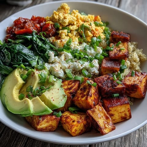 Savory golden tofu scramble in a Tofu Scramble Vegan Breakfast Bowl, topped with fresh green onions and herbs.