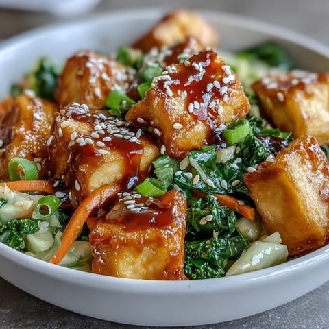 Golden pan-fried tofu cubes tossed with vibrant cabbage, kale, and carrots in a savory umami sauce for this Tofu Egg Roll in a Bowl, topped with sesame seeds.