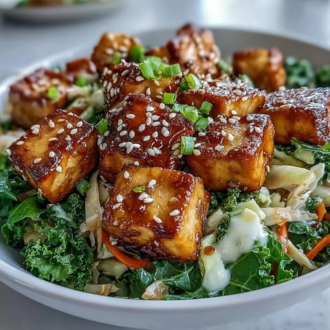 A close-up view of a finished Tofu Egg Roll in a Bowl served in a ceramic bowl, featuring sautéed tofu and fresh greens glistening with savory sauce.