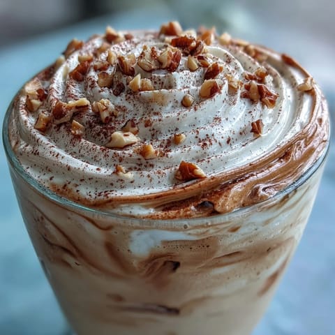 Creamy Hojicha milkshake topped with whipped cream and crushed nuts in a chilled glass.