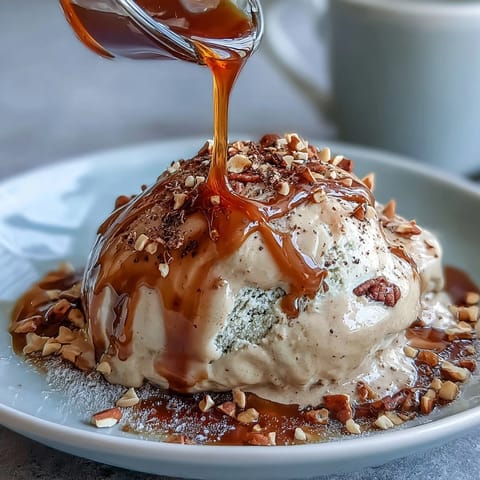 Vanilla ice cream scoops melting into steaming hojicha tea in a glass.
