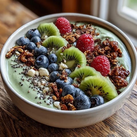 A spoon scoops into the creamy Hojicha Smoothie Bowl, topped with fresh kiwi, berries, and crunchy granola for a nourishing breakfast.