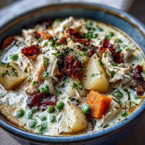 Creamy slow cooker chicken pot pie soup with tender chicken, potatoes, and vegetables in a rich, comforting broth.