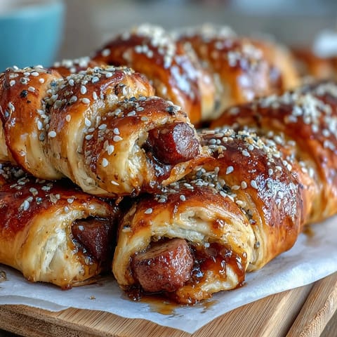 Mini pigs in a blanket with dipping sauce, golden pastry-wrapped sausages on a party platter.  