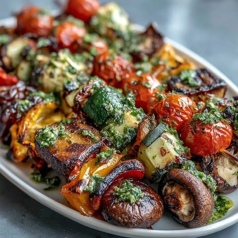 Vibrant summer grilled veggie skewers with chimichurri, showcasing colorful bell peppers, zucchini, and mushrooms sizzling on the grill.