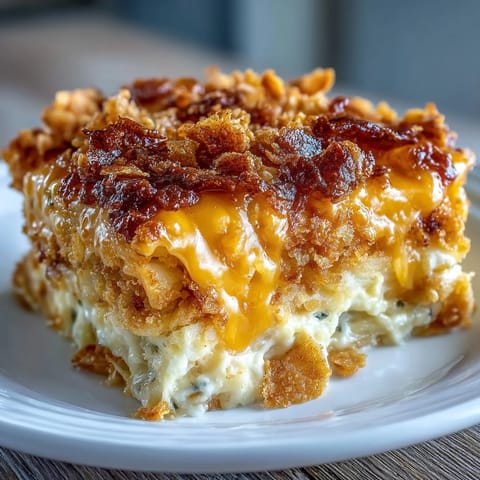 A golden-baked Cheesy Hash Brown Casserole with crispy cornflake topping, served hot from the oven.