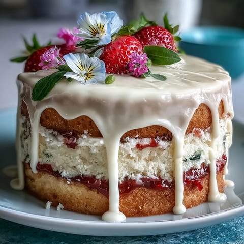 A beautifully layered vanilla cake with strawberry frosting and white chocolate drip, topped with edible flowers for a spring celebration.