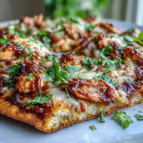 Crispy BBQ chicken flatbread pizza with melty mozzarella, red onion, and bell peppers for a smoky, savory bite.  