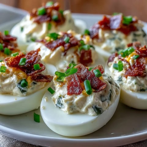 Spicy jalapeño popper deviled eggs with cream cheese, bacon, and jalapeño garnish on a white platter.