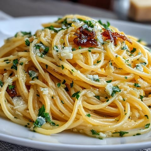 Easy Lemon Butter Pasta in a skillet with glossy lemon-garlic butter sauce coating spaghetti, topped with Parmesan and parsley.