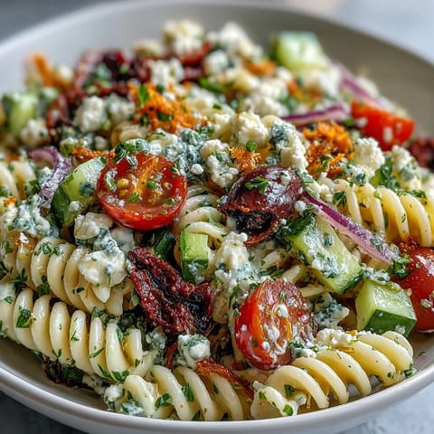 Colorful Memorial Day pasta salad loaded with fresh crisp veggies and tangy dressing.