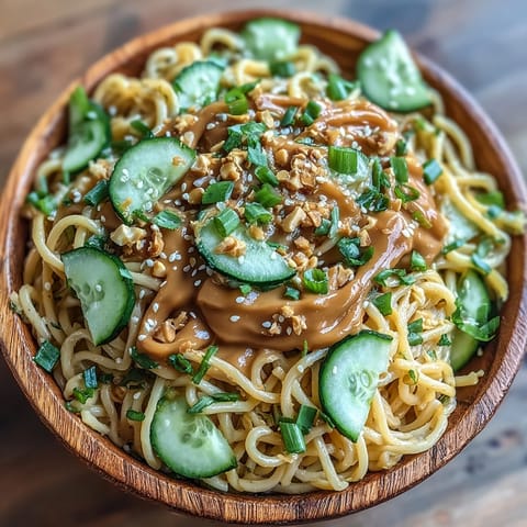 Savory peanut sesame noodles topped with fresh cucumber and crunchy peanuts.