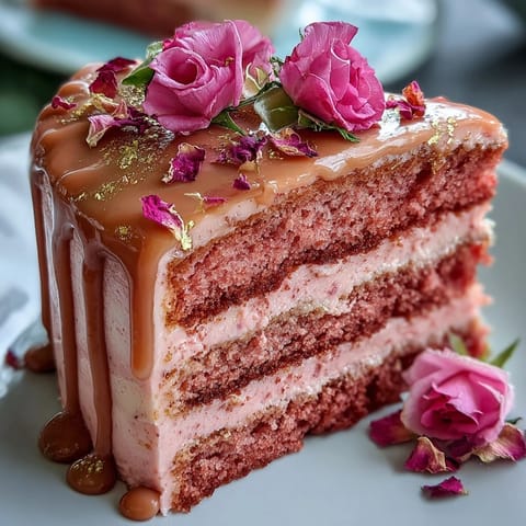 Bridal Shower Rosé Velvet Cake: A pink dessert with elegant gold drips.