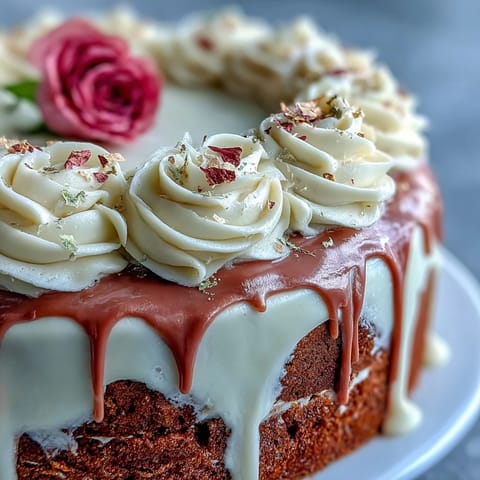 A stunning pink rosé velvet cake with shimmering gold drip, perfect for celebrations.
