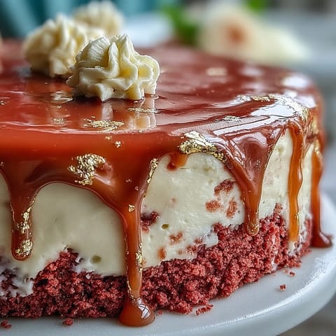 A slice of Bridal Shower Rosé Velvet Cake with elegant gold drip.