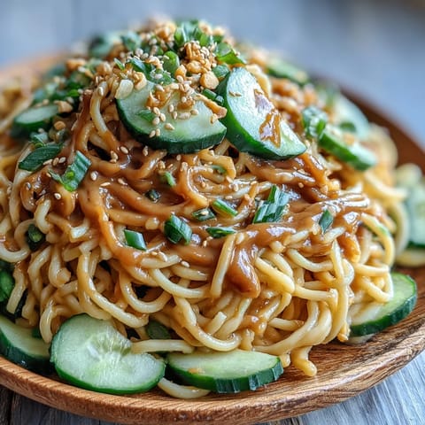 Creamy Cold Peanut Sesame Noodles with crisp cucumber, a refreshing summer meal.
