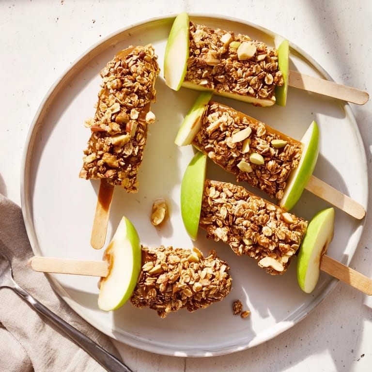 Colorful apple halves dipped in creamy caramel and rolling in nutty granola, yum!  