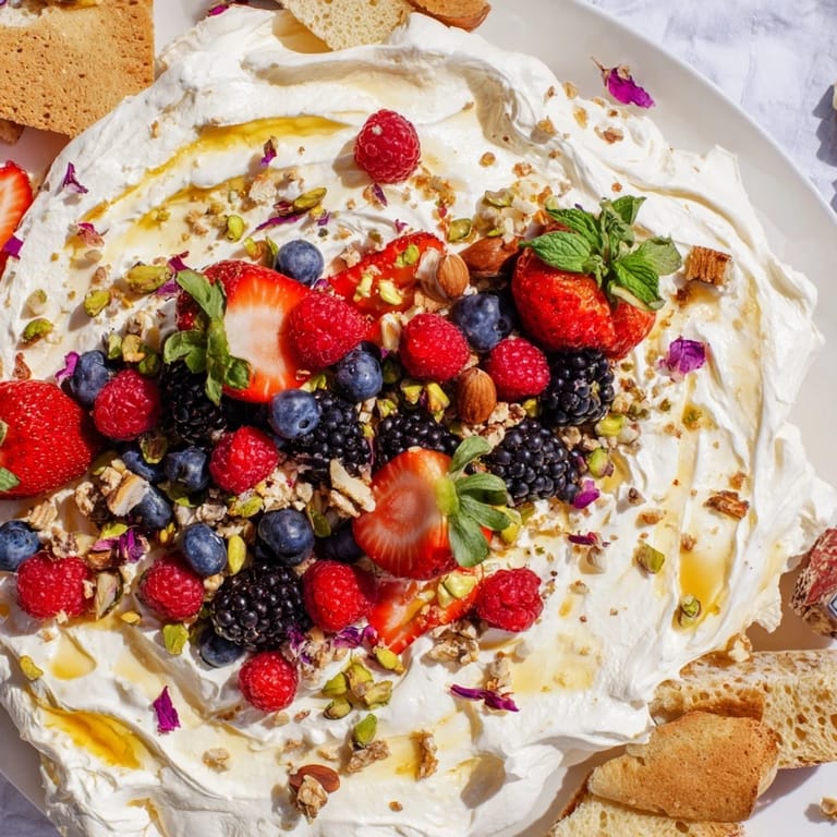 Vibrant butter board dessert featuring mixed berries, nuts, and edible rose petals.