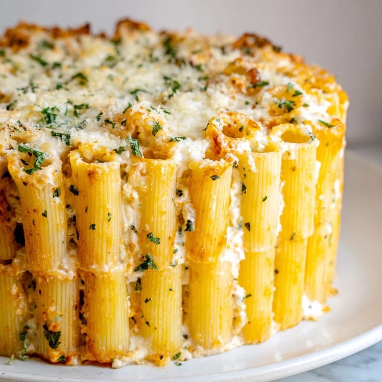 Delicious Honeycomb Pasta Cake topped with gooey melted cheese and fresh parsley garnish.  