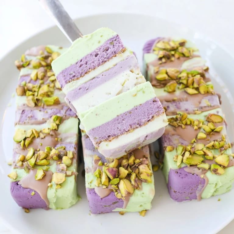 Refreshing, layered ube & pistachio ice cream bars, perfect for summer gatherings.  