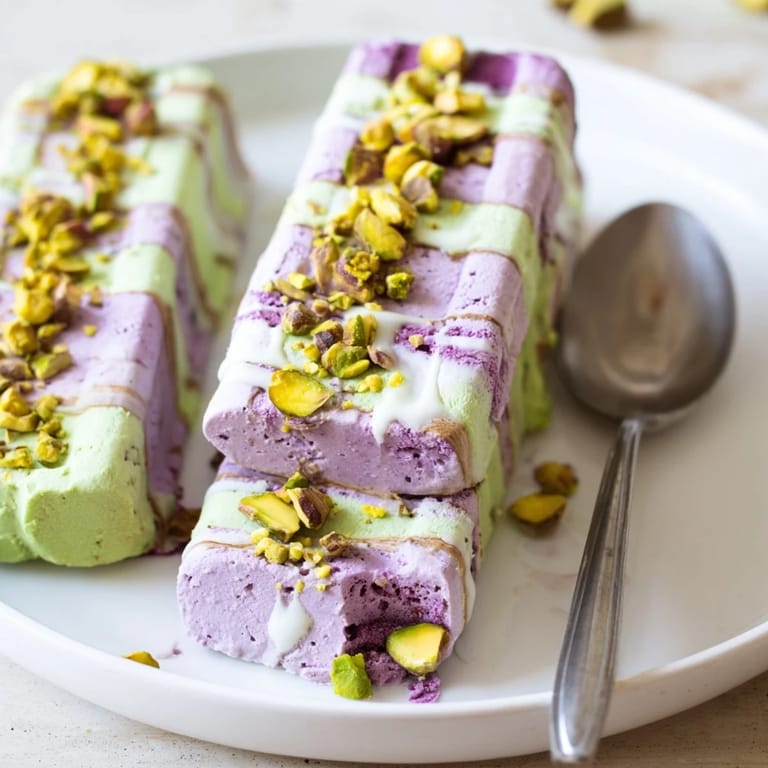 Deliciously cool ube & pistachio ice cream bars drizzled with sweetened condensed milk.