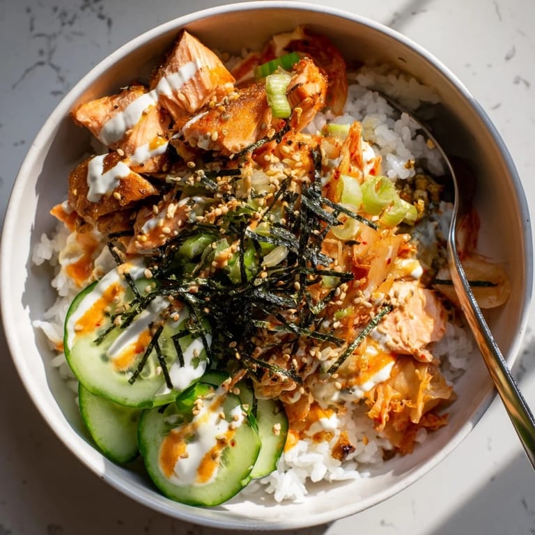 Savor the flavors of this Crispy Salmon Rice Bowl garnished with garlic and scallions.