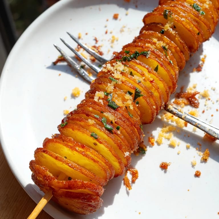 Golden spiral-cut potatoes seasoned and air-fried for a delicious snack.  