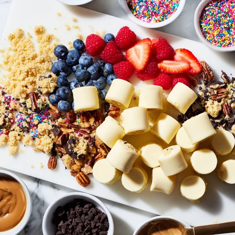 Creamy cheesecake bites display beautifully alongside colorful toppings on a rustic board  